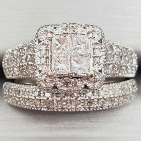14k White Gold Diamond Engagement Ring & Wedding Band Bridal Set - Picture 1 of 12